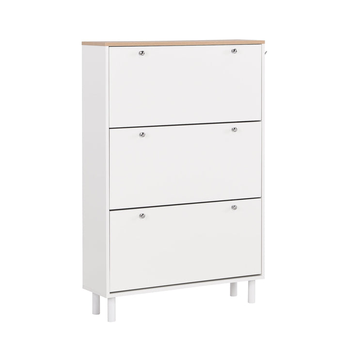 Narrow Tipping Bucket Shoe Cabinet with 3 Flip Drawers and Hooks White Wood Grain Entryway Organizer Image 7