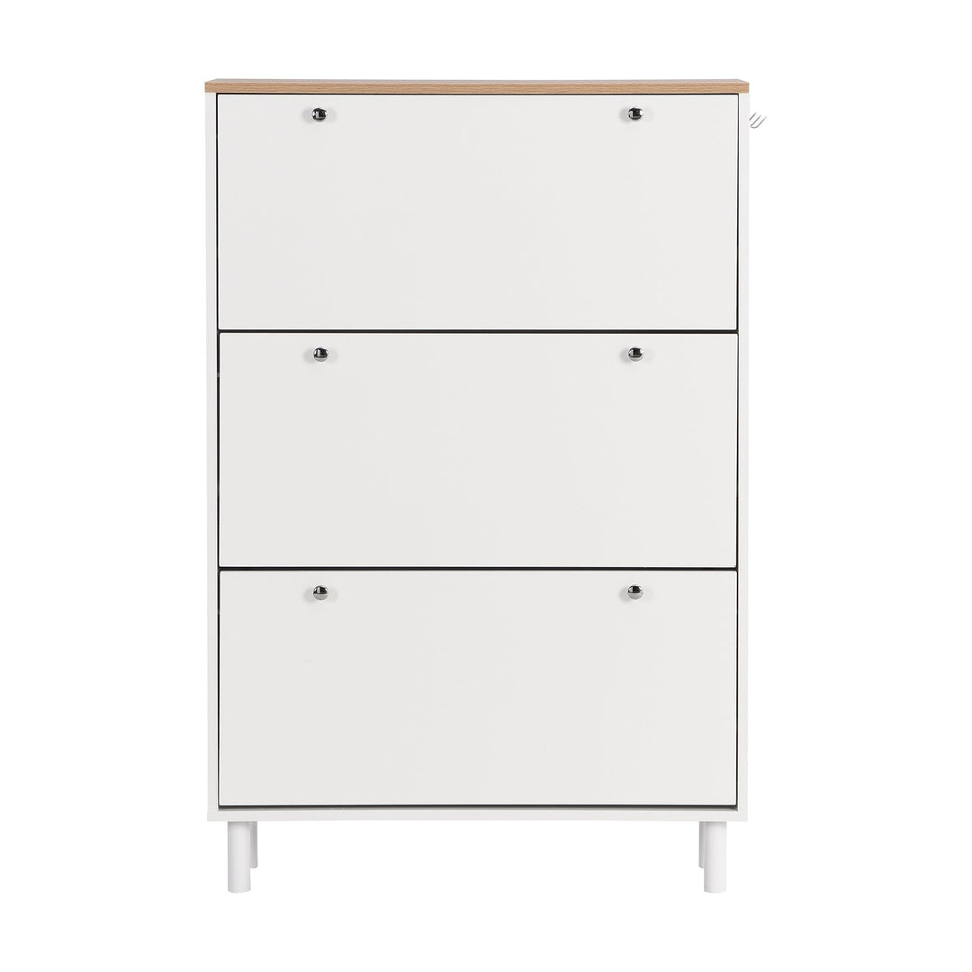 Narrow Tipping Bucket Shoe Cabinet with 3 Flip Drawers and Hooks White Wood Grain Entryway Organizer Image 9