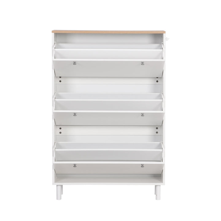 Narrow Tipping Bucket Shoe Cabinet with 3 Flip Drawers and Hooks White Wood Grain Entryway Organizer Image 10