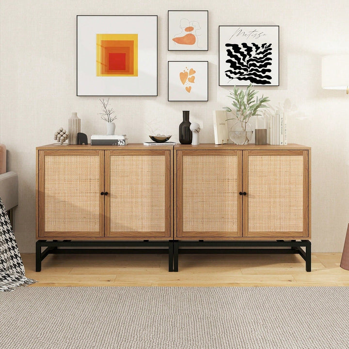 Natural Rattan 2 Door Accent Cabinet with Adjustable Shelves and Round Handles for Stylish Home Organization Image 1