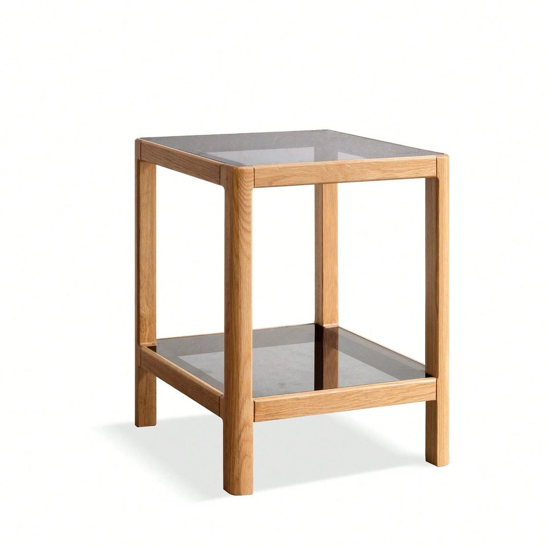 Natural Oak Wood End Table With Tempered Glass For Living Room, Dinning Room, Or Bedroom Image 2