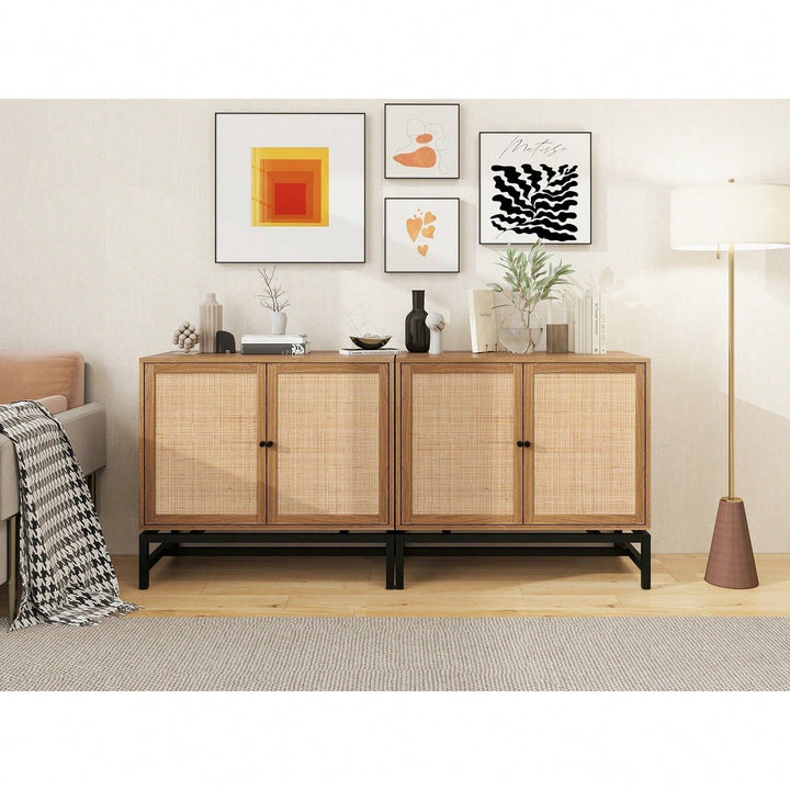 Natural Rattan 2 Door Accent Cabinet with Adjustable Shelves and Round Handles for Stylish Home Organization Image 3