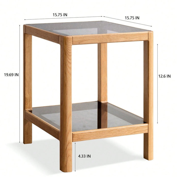 Natural Oak Wood End Table With Tempered Glass For Living Room, Dinning Room, Or Bedroom Image 7