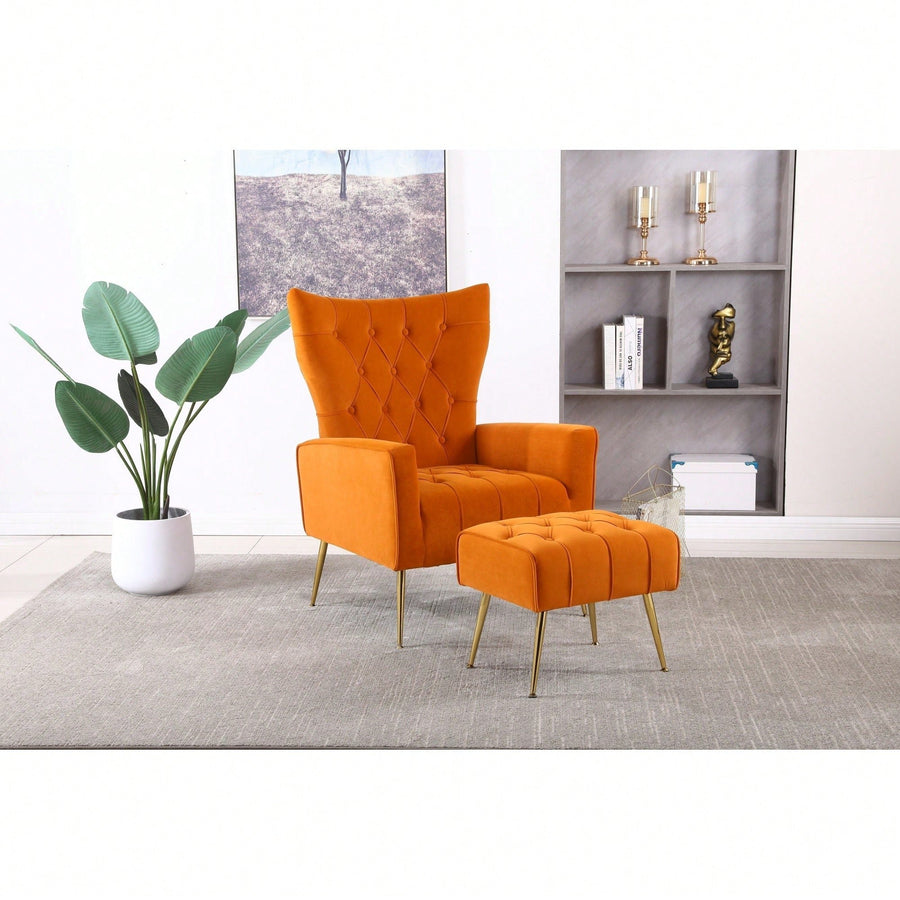 Modern Velvet Accent Chair With Ottoman For Living Room Bedroom Office Comfortable Seating In Orange Image 1