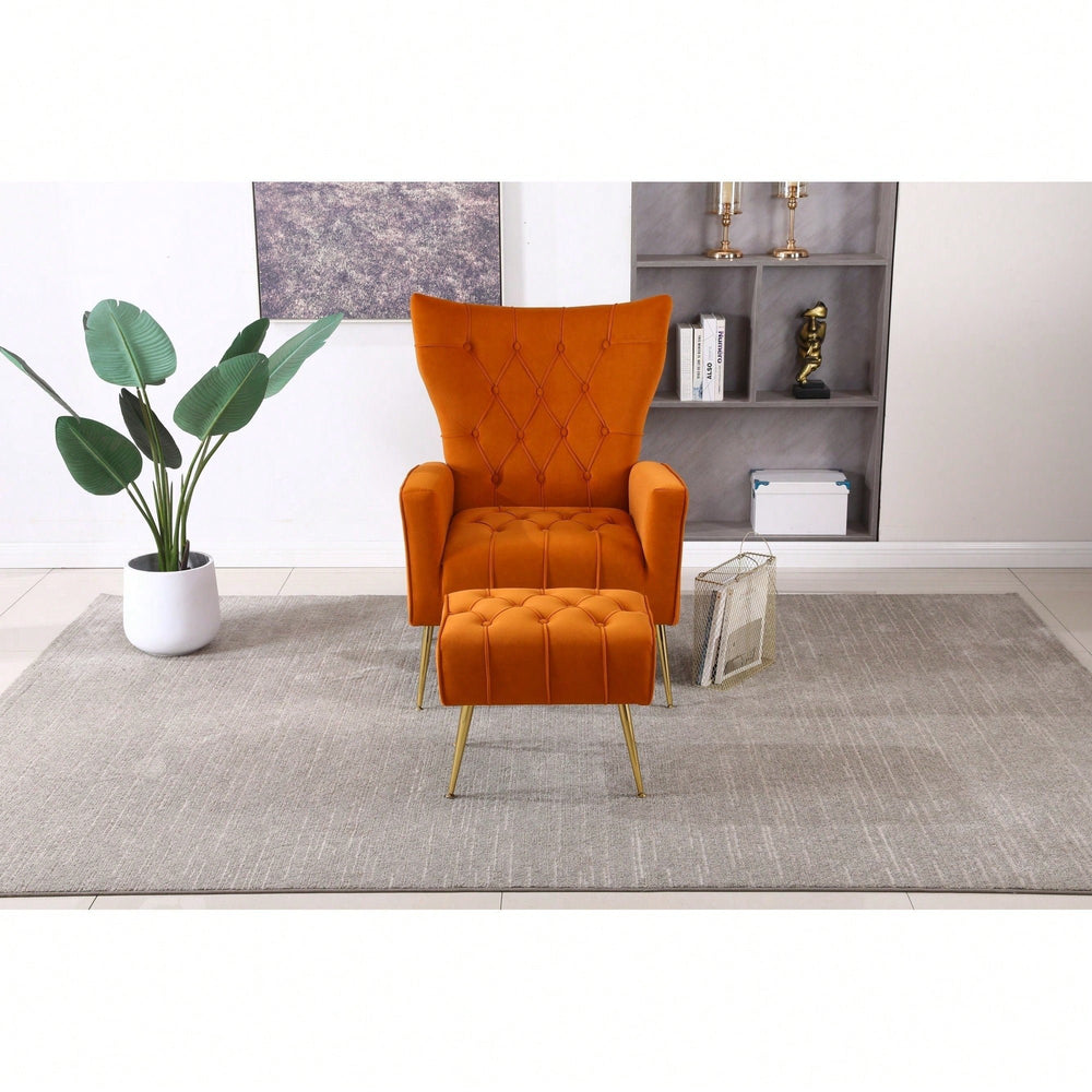 Modern Velvet Accent Chair With Ottoman For Living Room Bedroom Office Comfortable Seating In Orange Image 2