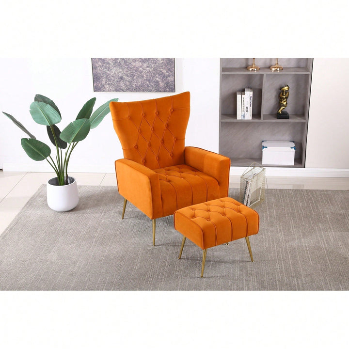 Modern Velvet Accent Chair With Ottoman For Living Room Bedroom Office Comfortable Seating In Orange Image 3