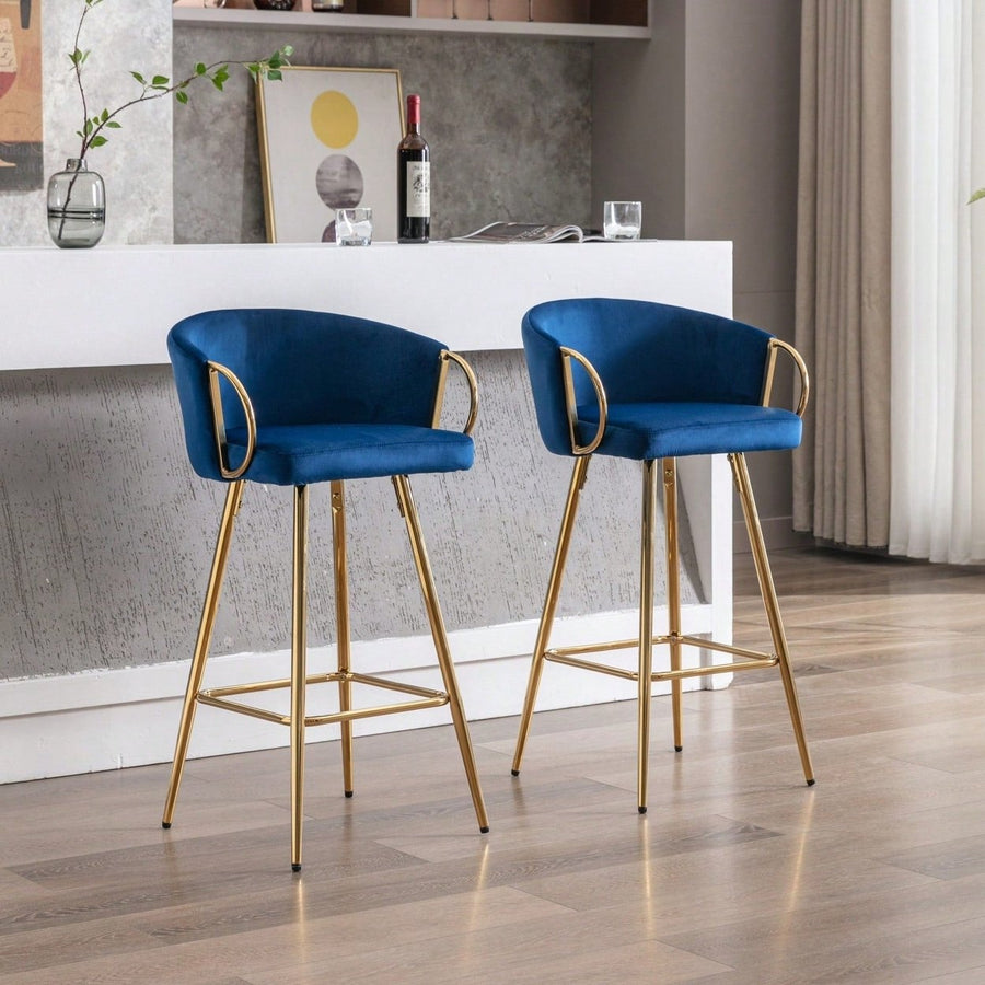 Modern Velvet Bar Stools Set Of 2 - 30 Inch Counter Height Bar Chairs With Backrest And Footrest, Gold Legs And Base, Image 1