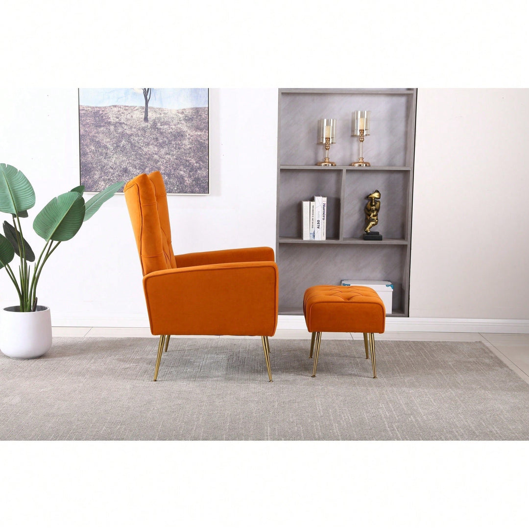 Modern Velvet Accent Chair With Ottoman For Living Room Bedroom Office Comfortable Seating In Orange Image 4