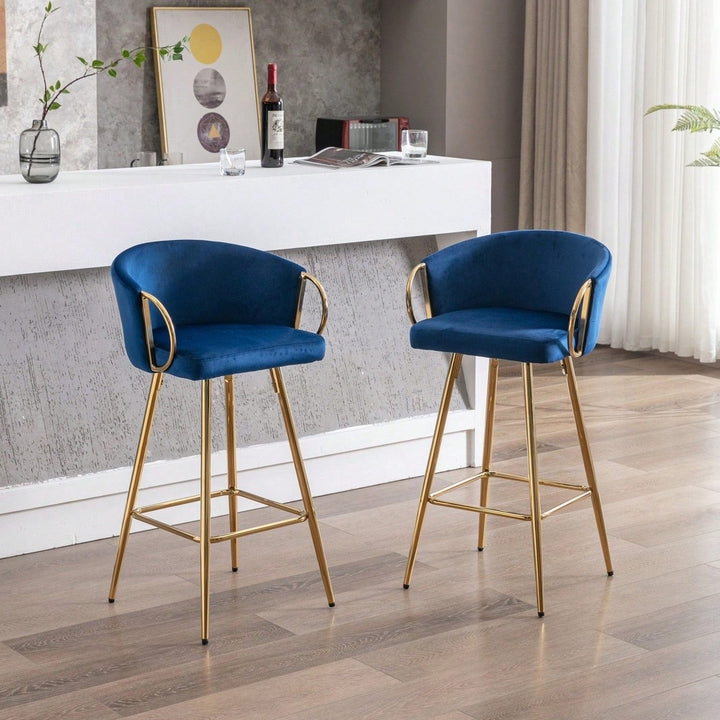 Modern Velvet Bar Stools Set Of 2 - 30 Inch Counter Height Bar Chairs With Backrest And Footrest, Gold Legs And Base, Image 2