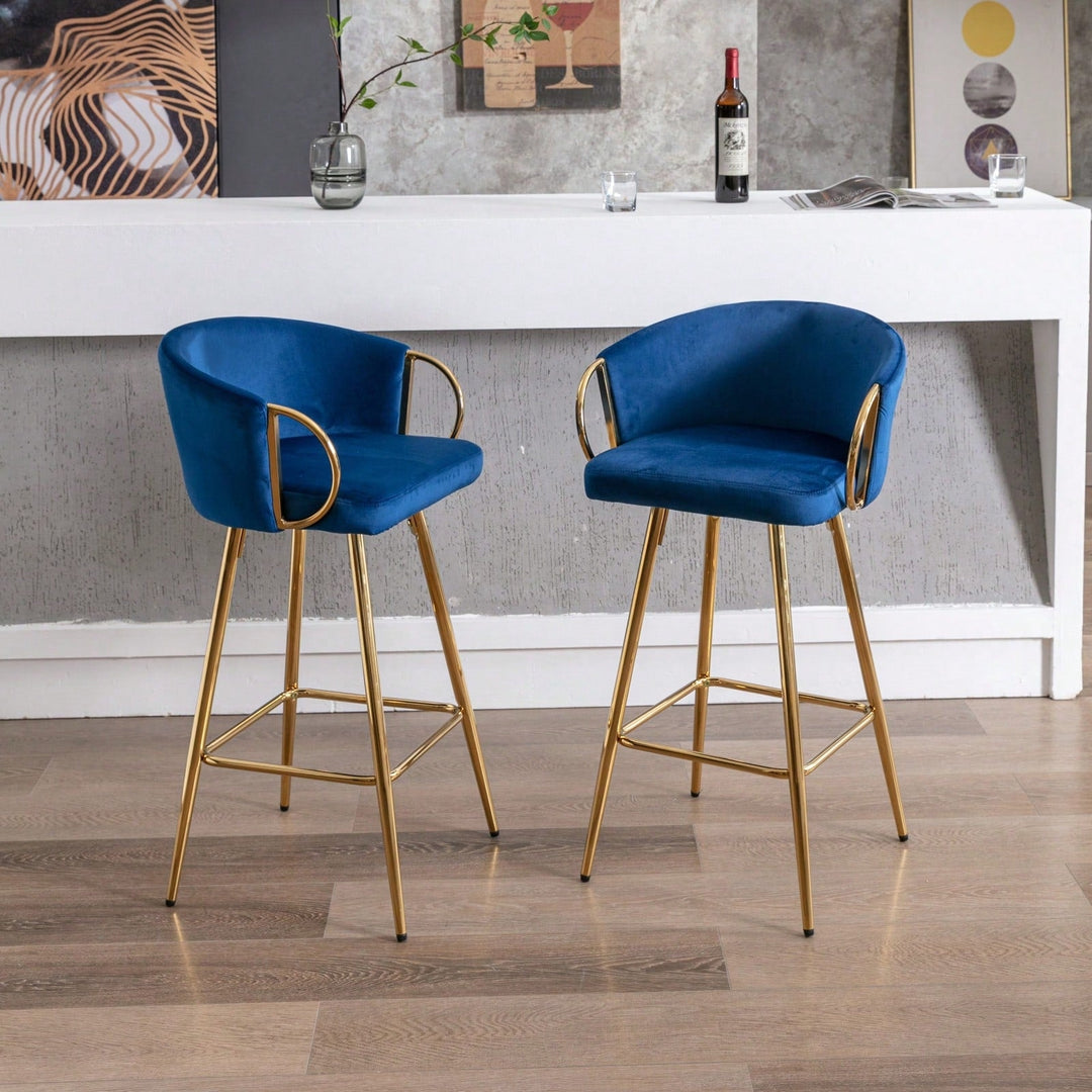 Modern Velvet Bar Stools Set Of 2 - 30 Inch Counter Height Bar Chairs With Backrest And Footrest, Gold Legs And Base, Image 3