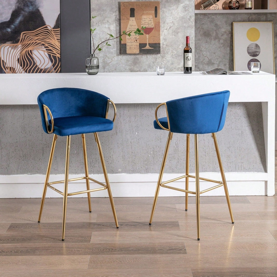 Modern Velvet Bar Stools Set Of 2 - 30 Inch Counter Height Bar Chairs With Backrest And Footrest, Gold Legs And Base, Image 4