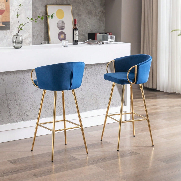 Modern Velvet Bar Stools Set Of 2 - 30 Inch Counter Height Bar Chairs With Backrest And Footrest, Gold Legs And Base, Image 5