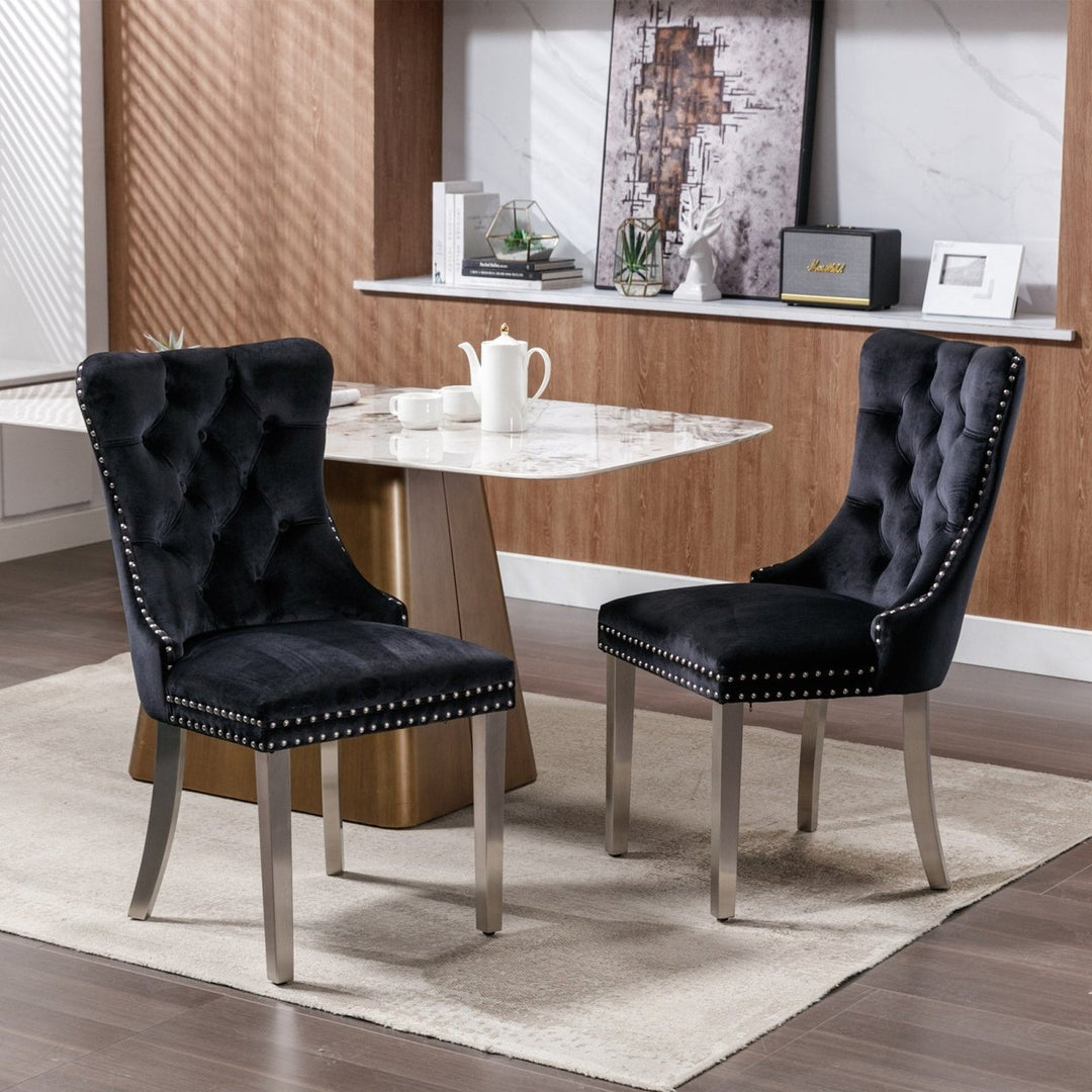 Modern Velvet Upholstered Dining Chair Set of 2 - High-End Tufted Solid Wood with Chrome Legs and Nailhead Trim, Black Image 1