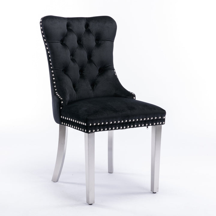 Modern Velvet Upholstered Dining Chair Set of 2 - High-End Tufted Solid Wood with Chrome Legs and Nailhead Trim, Black Image 3