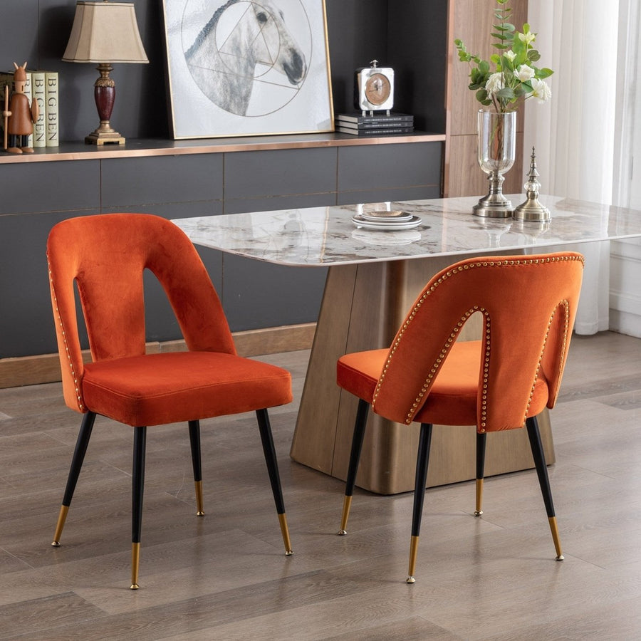 Modern Velvet Upholstered Dining Chair Set of 2 with Nailheads and Gold Tipped Black Metal Legs Orange Image 1