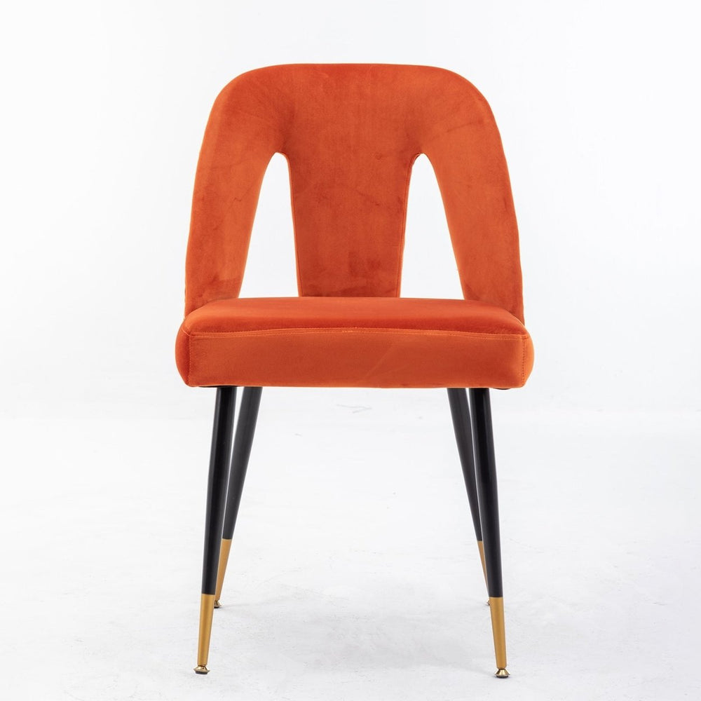 Modern Velvet Upholstered Dining Chair Set of 2 with Nailheads and Gold Tipped Black Metal Legs Orange Image 2