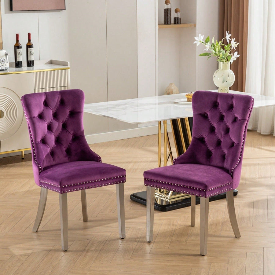 Modern Velvet Upholstered Dining Chair With Chrome Stainless Steel Legs, Nailhead Trim, Set Of 2, Purple And Chrome Image 1