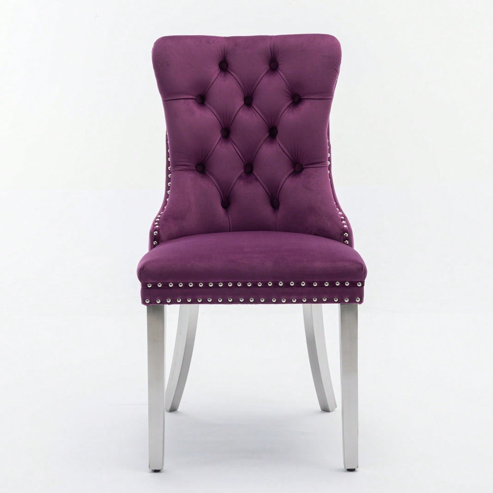 Modern Velvet Upholstered Dining Chair With Chrome Stainless Steel Legs, Nailhead Trim, Set Of 2, Purple And Chrome Image 2