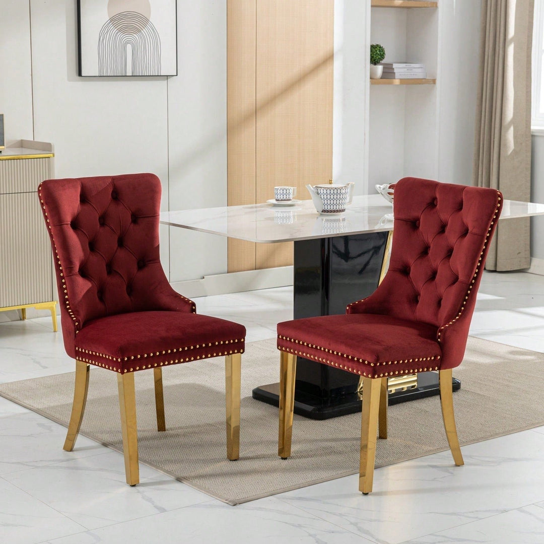 Modern Velvet Upholstered Dining Chair With Golden Stainless Steel Legs, Nailhead Trim, Set Of 2, Wine Red And Gold Image 1