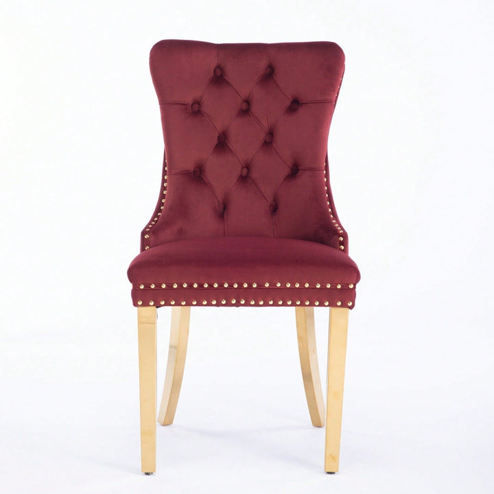 Modern Velvet Upholstered Dining Chair With Golden Stainless Steel Legs, Nailhead Trim, Set Of 2, Wine Red And Gold Image 2