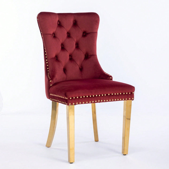 Modern Velvet Upholstered Dining Chair With Golden Stainless Steel Legs, Nailhead Trim, Set Of 2, Wine Red And Gold Image 3