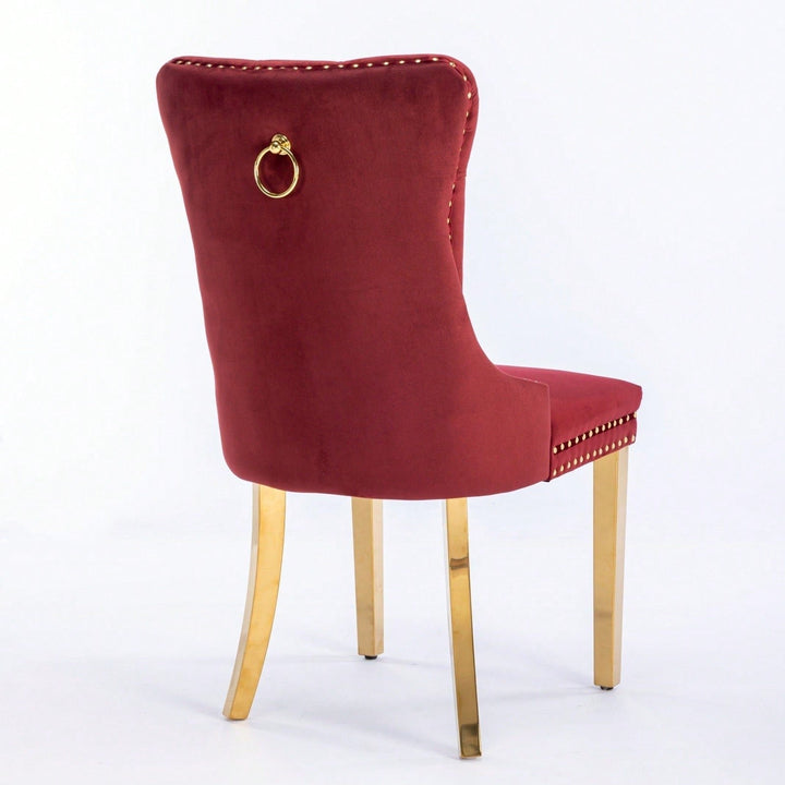 Modern Velvet Upholstered Dining Chair With Golden Stainless Steel Legs, Nailhead Trim, Set Of 2, Wine Red And Gold Image 4