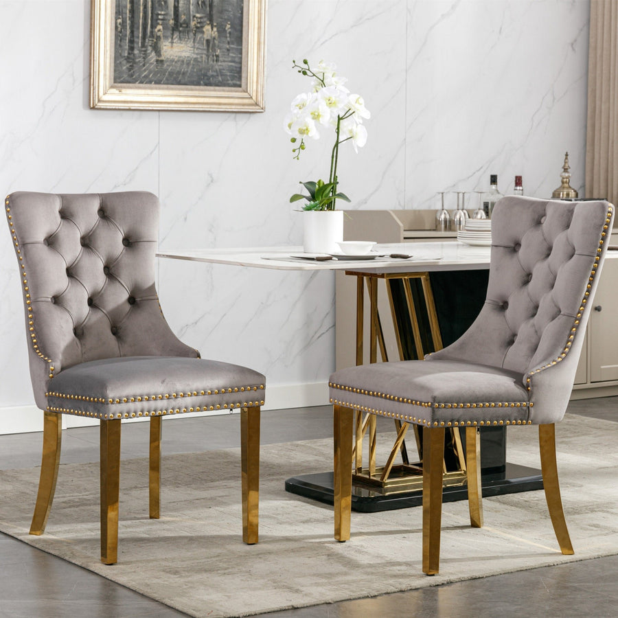 Modern Velvet Upholstered Dining Chairs Set of 2 - High-End Tufted Design with Golden Stainless Steel Legs and Nailhead Image 1