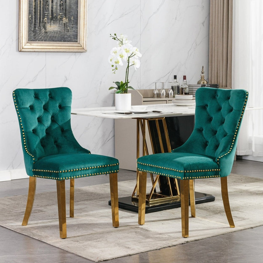 Modern Velvet Upholstered Dining Chairs Set of 2 with Gold Stainless Steel Legs and Nailhead Trim Black and Gold Image 1