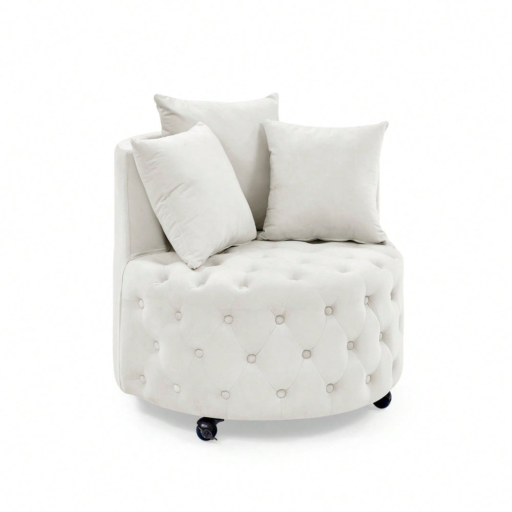 Modern Velvet Upholstered Swivel Chair With Button Tufted Design And Movable Wheels, Including 3 Pillows Image 2