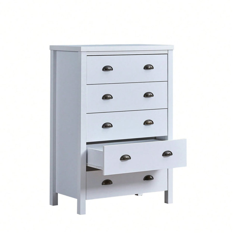 Modern White 5 Drawer Chest with Interlock System Easy Assembly Spacious Storage Stylish Minimalist Design Durable Image 1