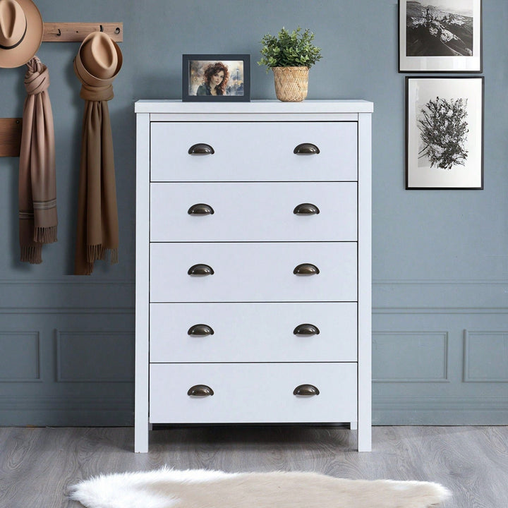 Modern White 5 Drawer Chest with Interlock System Easy Assembly Spacious Storage Stylish Minimalist Design Durable Image 3