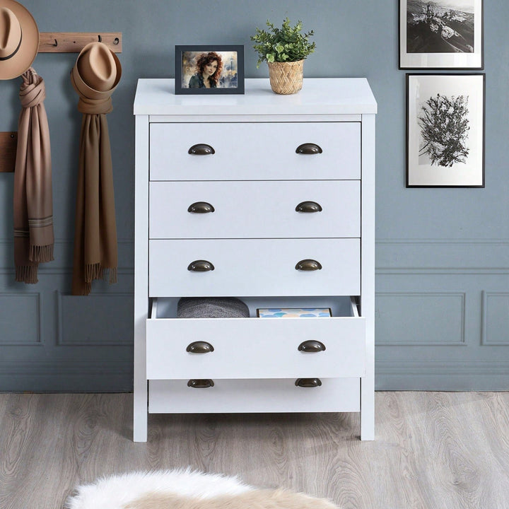 Modern White 5 Drawer Chest with Interlock System Easy Assembly Spacious Storage Stylish Minimalist Design Durable Image 4