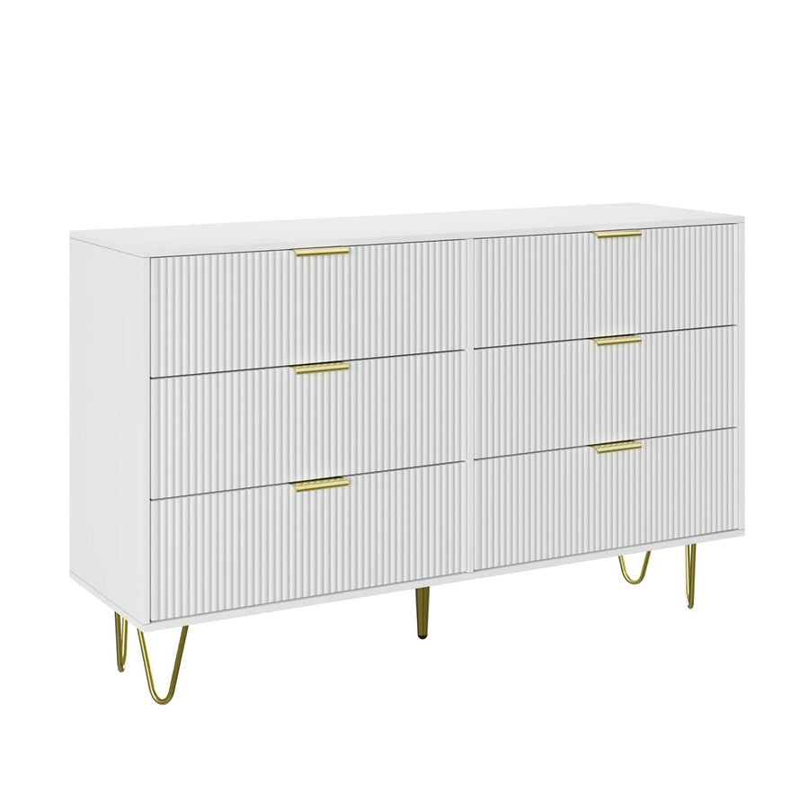 Modern White 6-Drawer Dresser With Gold Handles Image 1