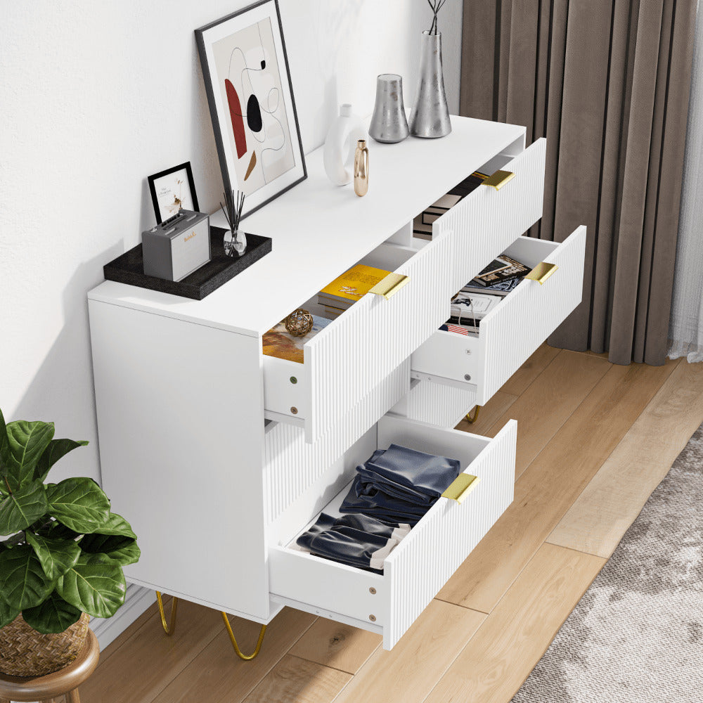 Modern White 6-Drawer Dresser With Gold Handles Image 4