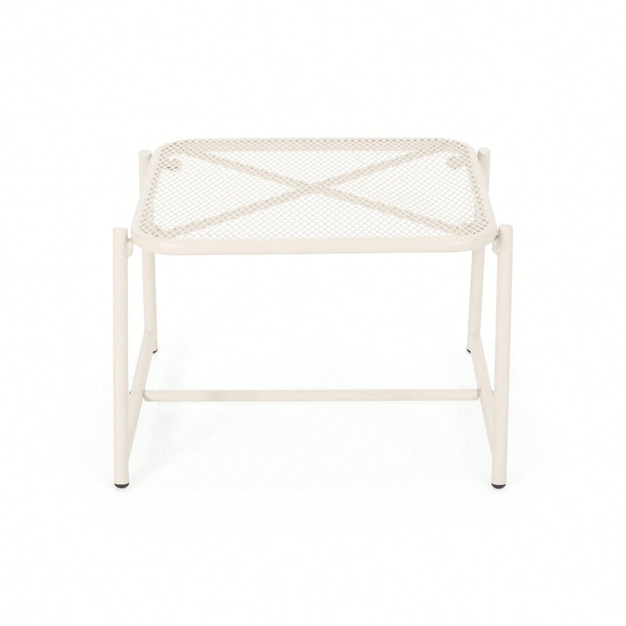 Modern White Iron Outdoor Side Table With Mesh Top And Sled Base 13 Inches High Image 1