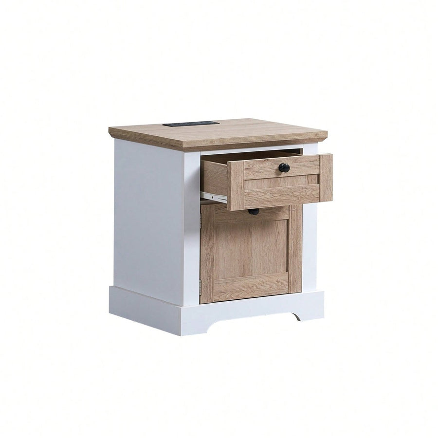 Modern White Oak Nightstand with USB and Type-C Charging Station Pre-Assembled Drawer Stylish End Table for Bedroom and Image 1