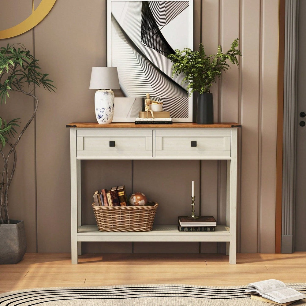 Rustic Farmhouse Console Table With 2 Drawers And Bottom Shelf For Entryway, Living Room, And Hallway Storage Image 2