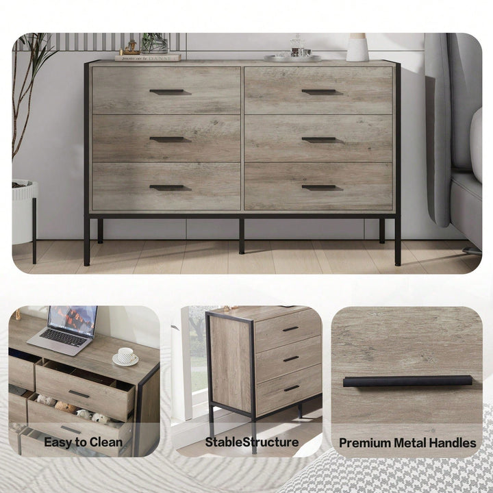 Rustic Grey 6 Drawer Wood Dresser with Sturdy Steel Frame Multifunctional Storage Cabinet for Bedroom Nursery Entryway Image 4