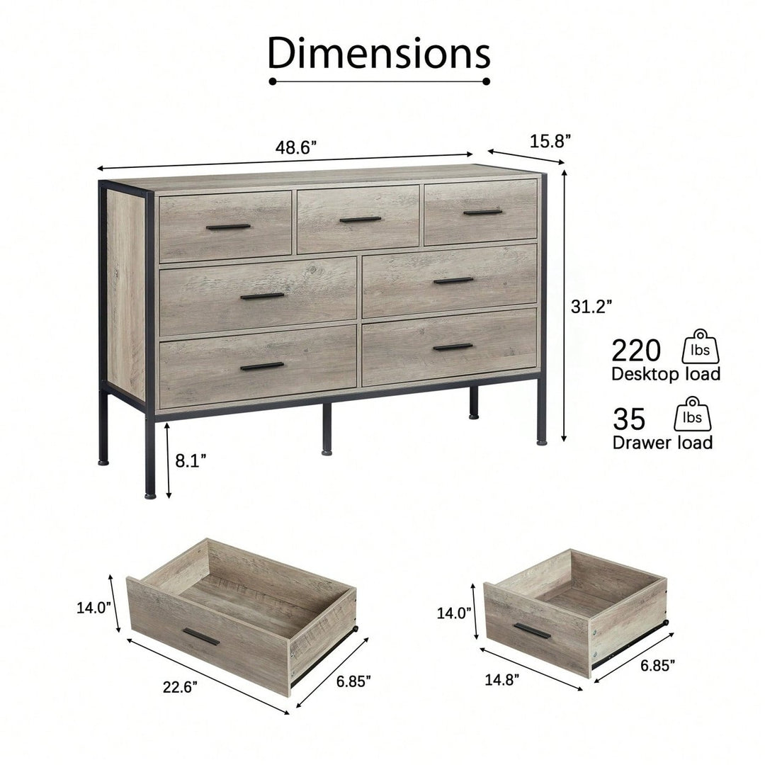 Rustic Grey 7 Drawer Wooden Dresser with Sturdy Steel Frame for Bedroom Storage and Organization Image 4