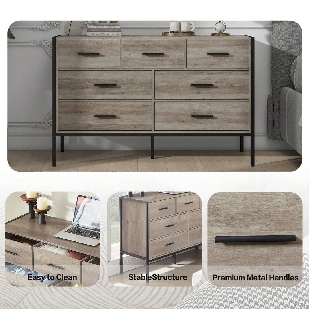 Rustic Grey 7 Drawer Wooden Dresser with Sturdy Steel Frame for Bedroom Storage and Organization Image 5