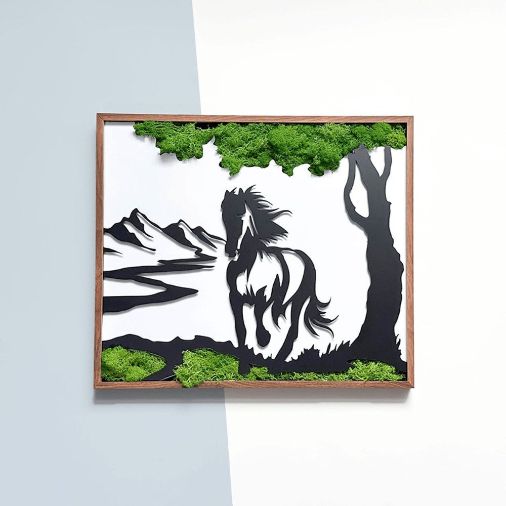 Rustic Metal Wall Art - Galloping Horse With 3D Preserved Moss, Friendly Nature Inspired For Living Room, Bedroom, Image 2