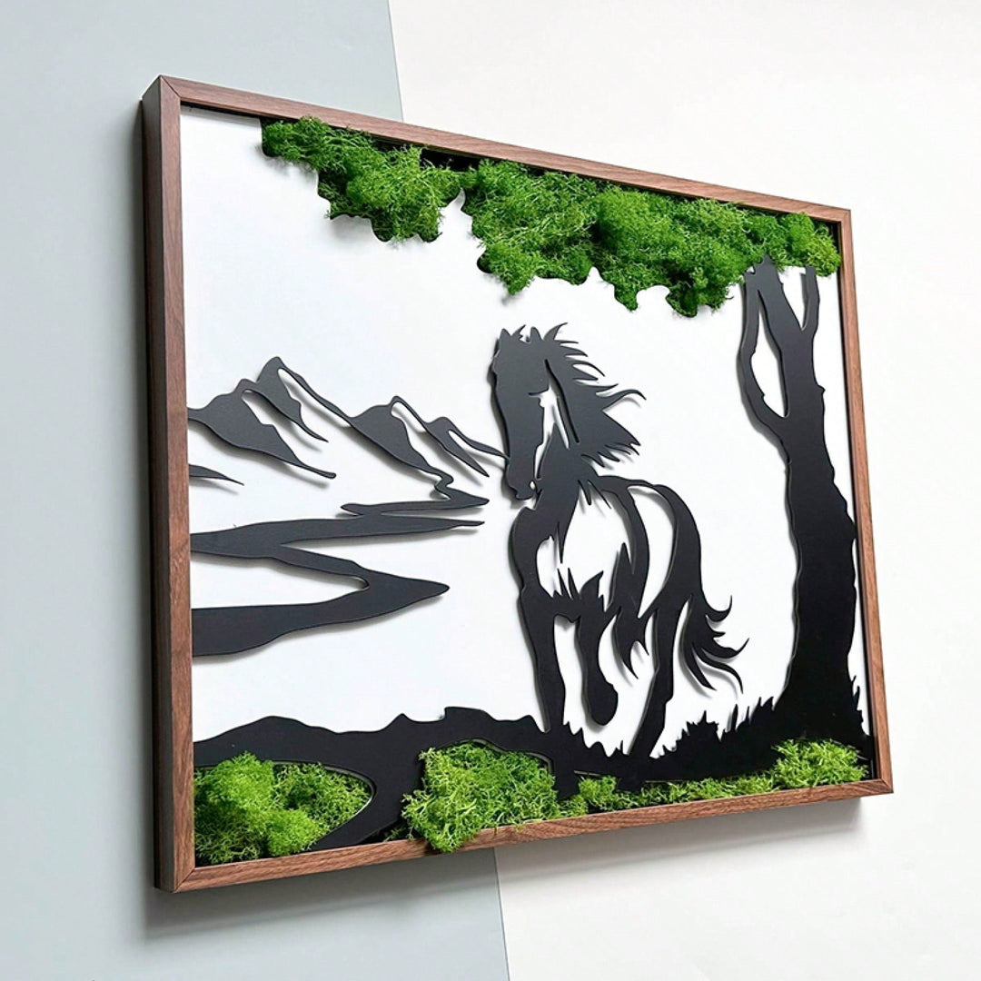 Rustic Metal Wall Art - Galloping Horse With 3D Preserved Moss, Friendly Nature Inspired For Living Room, Bedroom, Image 3