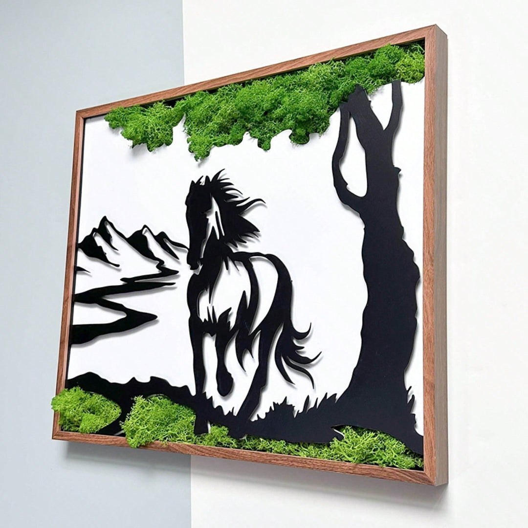 Rustic Metal Wall Art - Galloping Horse With 3D Preserved Moss, Friendly Nature Inspired For Living Room, Bedroom, Image 4