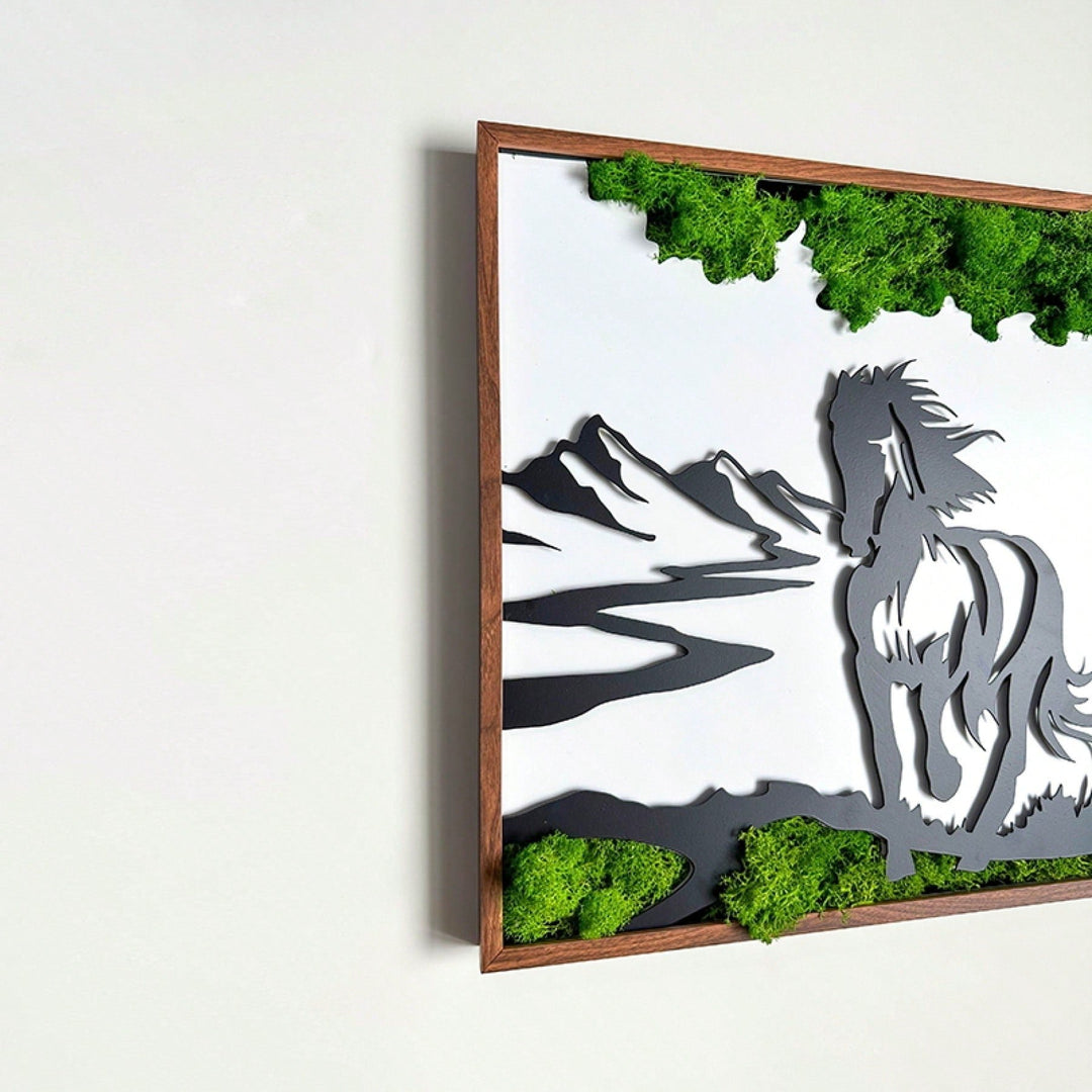 Rustic Metal Wall Art - Galloping Horse With 3D Preserved Moss, Friendly Nature Inspired For Living Room, Bedroom, Image 7