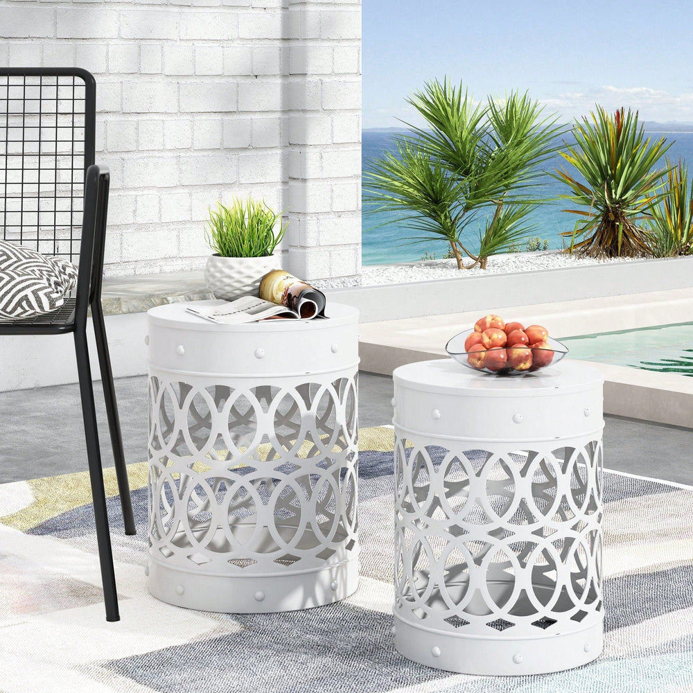 Rustic Outdoor Metal Set Of 2 End Tables For Patio And Garden Decor Image 2