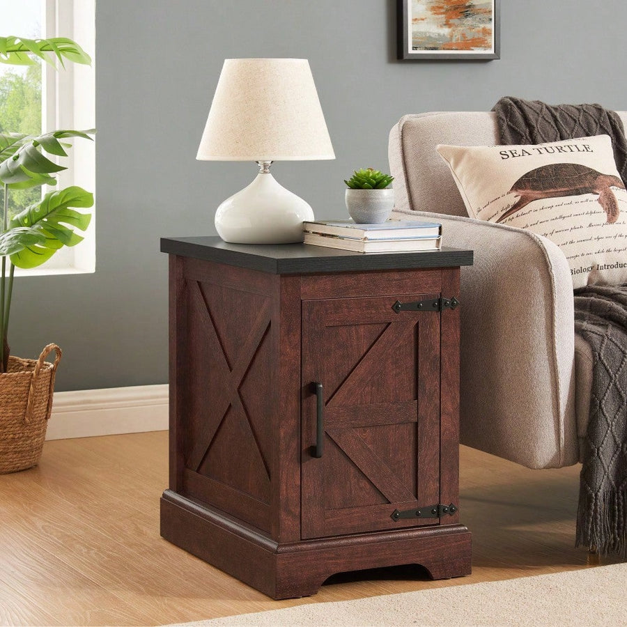 Rustic Rectangular End Table With Barn Door and Adjustable Shelf - Farmhouse Style Nightstand For Living Room and Image 1