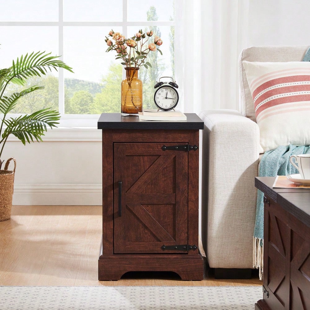 Rustic Rectangular End Table With Barn Door and Adjustable Shelf - Farmhouse Style Nightstand For Living Room and Image 2