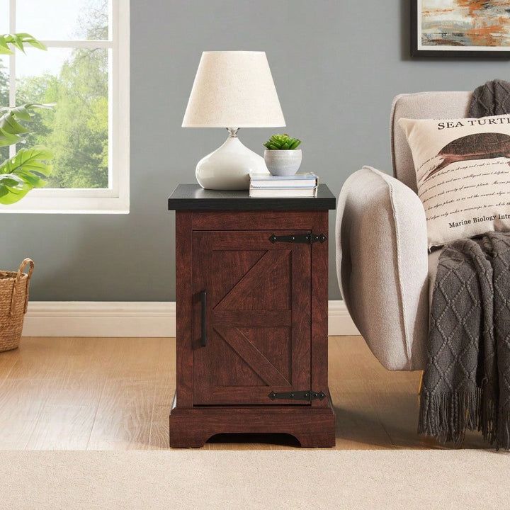 Rustic Rectangular End Table With Barn Door and Adjustable Shelf - Farmhouse Style Nightstand For Living Room and Image 3