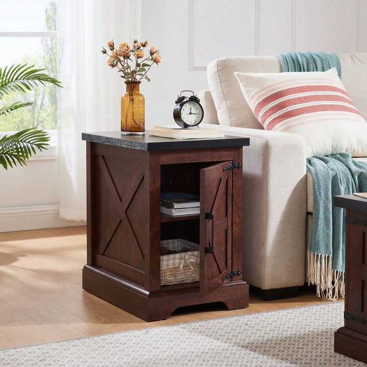 Rustic Rectangular End Table With Barn Door and Adjustable Shelf - Farmhouse Style Nightstand For Living Room and Image 4