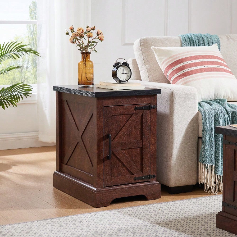 Rustic Rectangular End Table With Barn Door and Adjustable Shelf - Farmhouse Style Nightstand For Living Room and Image 5